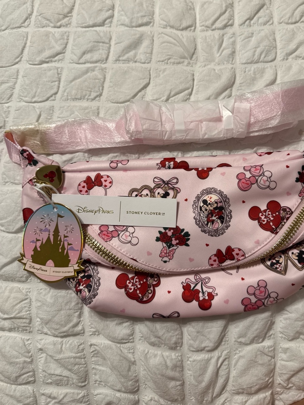 Stoney Clover Lane Pink Minnie Mouse Patterned Crossbody Bag with Gold Zipper